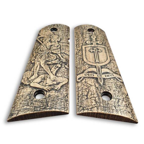 1911 Full-Size Magwell Maple Grips - Quis Ut Deus / Hand-painted
