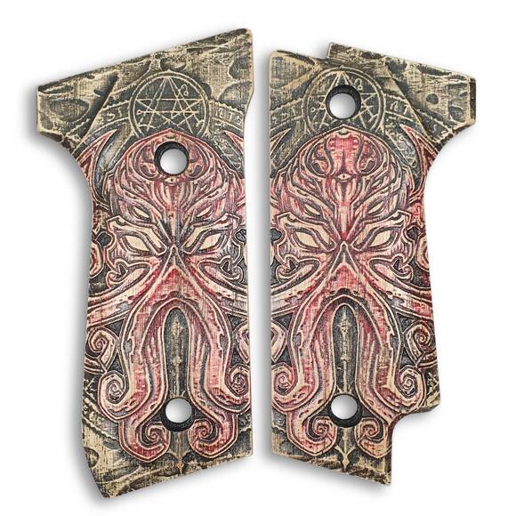 Beretta 92S maple grips - Cthulhu / hand-painted