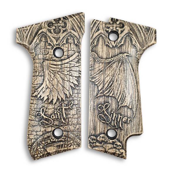 Beretta 92S maple grips - Saint And Sinner / hand-painted