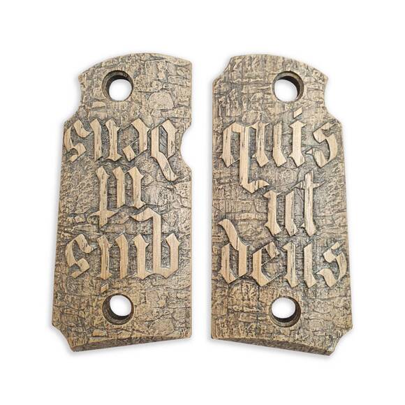 Kimber Micro 9 Ambi Safety maple grips - Quis Ut Deus V3 / hand-painted