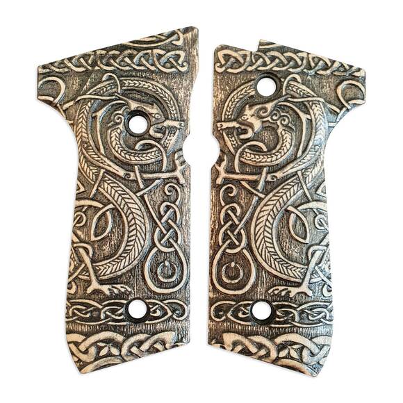 Beretta 92 full-size maple grips - Celtic Gates / hand-painted