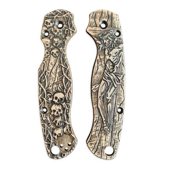 Spyderco Para Military 2 maple handle scales - Crucifixion / hand-painted