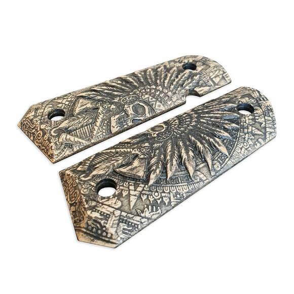 1911 Compact-Size Bobtail Maple Grips - War Chief / Hand-painted