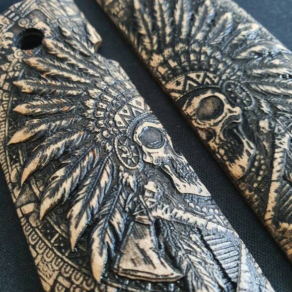 1911 Compact-Size Bobtail Maple Grips - War Chief / Hand-painted