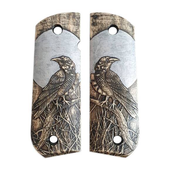 1911 full-size Round Butt maple grips - Moon Raven / hand-painted