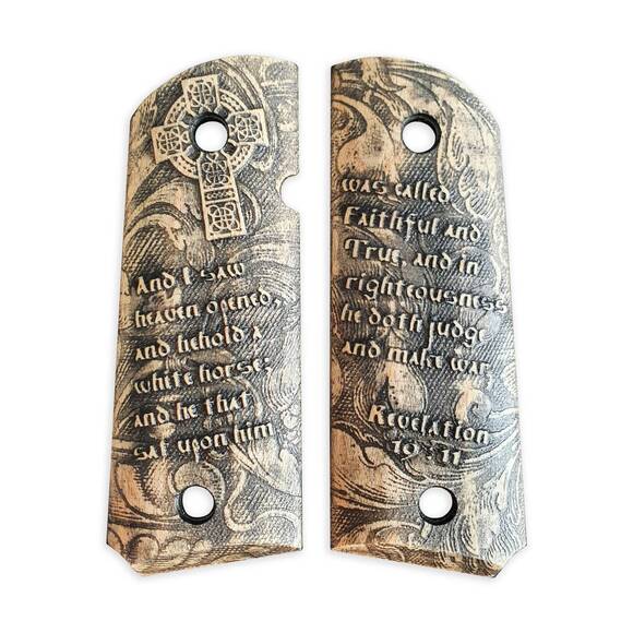 1911 compact-size Officers maple grips - Revelation 19:11 / hand-painted