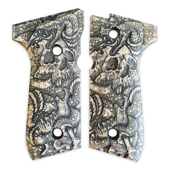 Beretta 92 full-size maple grips - Skull Snake / hand-painted