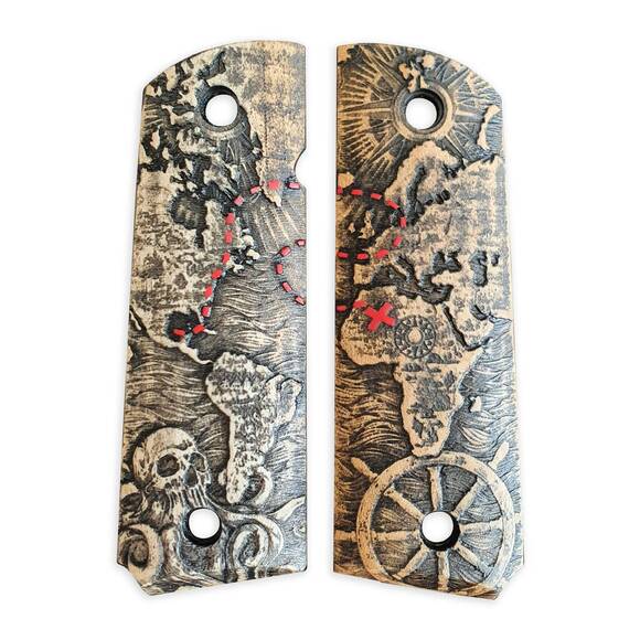 1911 full-size maple grips - Treasure Map / hand-painted