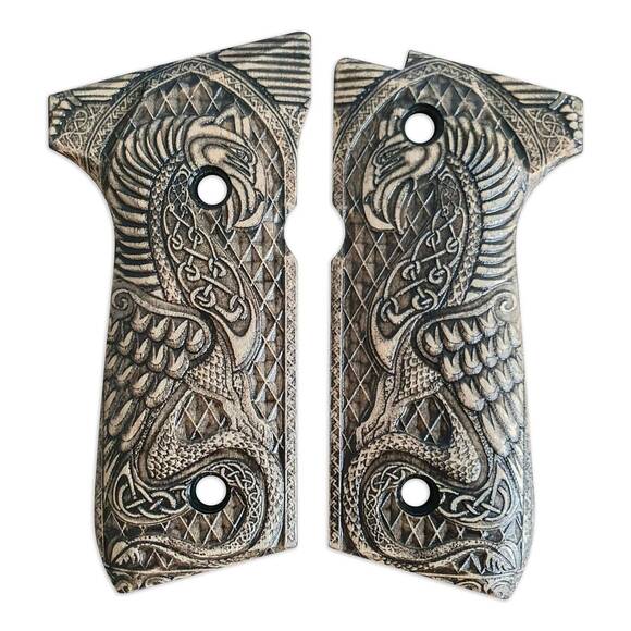 Beretta 92 full-size maple grips - Celtic Griffin / hand-painted