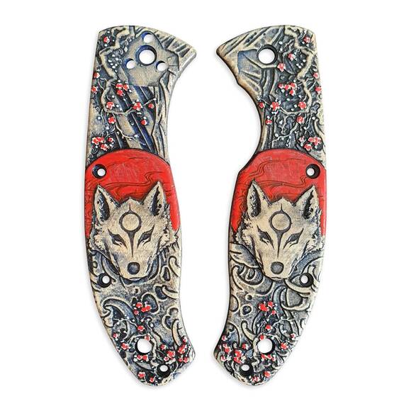 Spyderco Tenacious maple handle scales - Japanese Wolf And Sakura / hand-painted