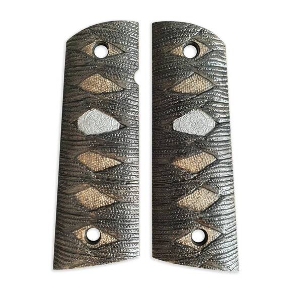 1911 full-size Magwell maple grips - Katana Black Silver Coin / hand-painted1911 full-size Magwell maple grips - Katana Black Silver Coin / hand-painted