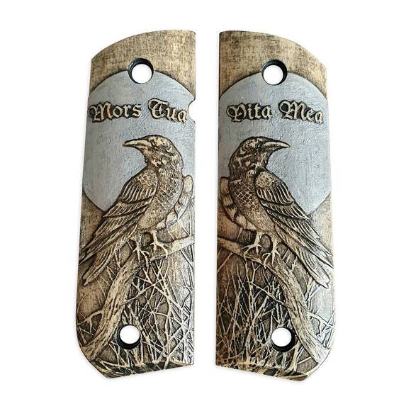 1911 full-size Round Butt maple grips - Moon Raven Mors Tua Vita Mea / hand-painted