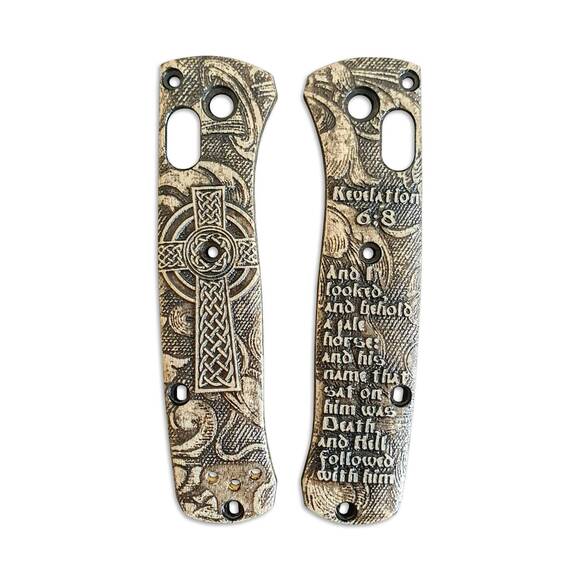Benchmade Mini Bugout 533 maple handle scales - Revelation 6:8 / hand-painted