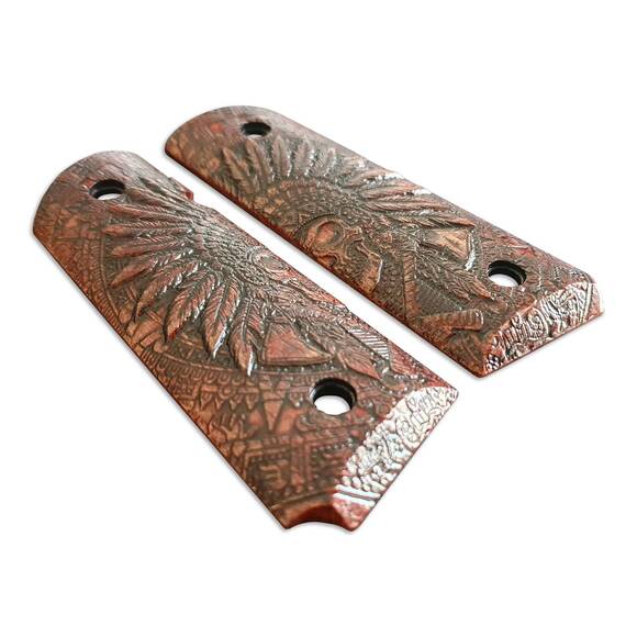 1911 Compact-Size Officers Maple Grips - War Chief Dark Cherry / Hand-painted