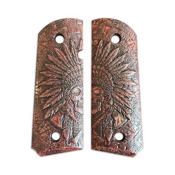 1911 compact-size Officers maple grips - War Chief Dark Cherry / hand-painted