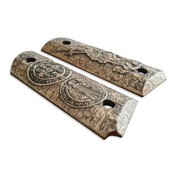 1911 Compact-Size Officers Maple Grips - Arch Michael X St Benedict Medal / Hand-painted
