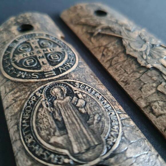 1911 Compact-Size Officers Maple Grips - Arch Michael X St Benedict Medal / Hand-painted