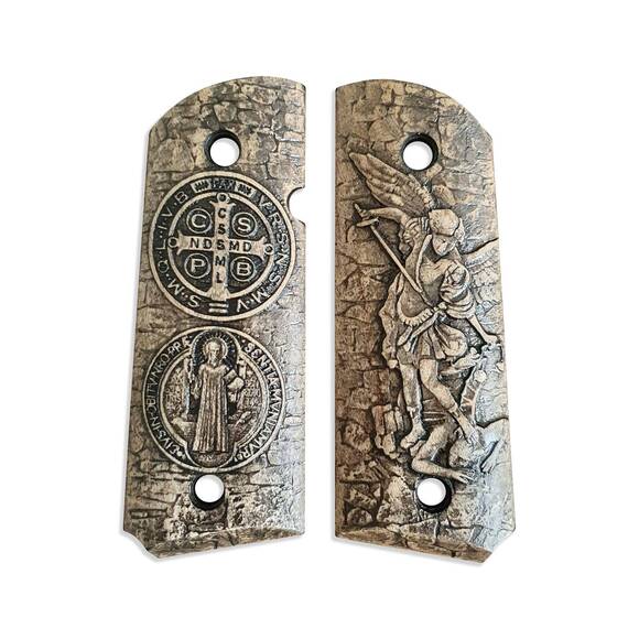 1911 compact-size Officers maple grips - Arch Michael X St Benedict Medal / hand-painted