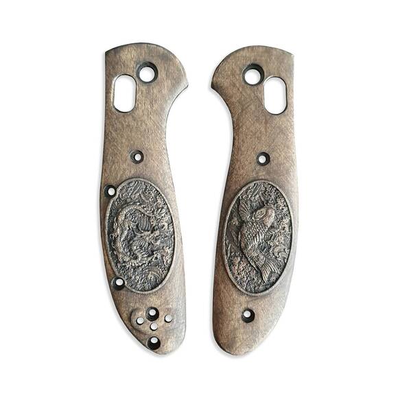 Benchmade Mini Griptilian 555 maple handle scales - Japanese Koi And Dragon (3169) / hand-painted