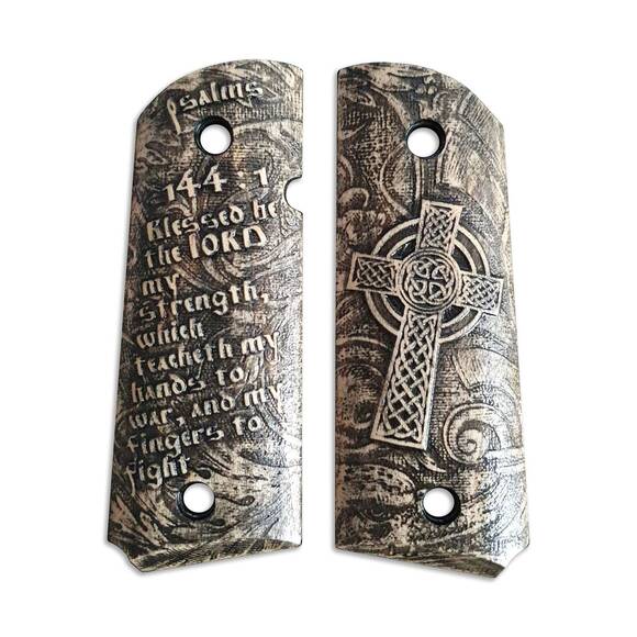 1911 compact-size Officers maple grips - Psalms 144:1 / hand-painted