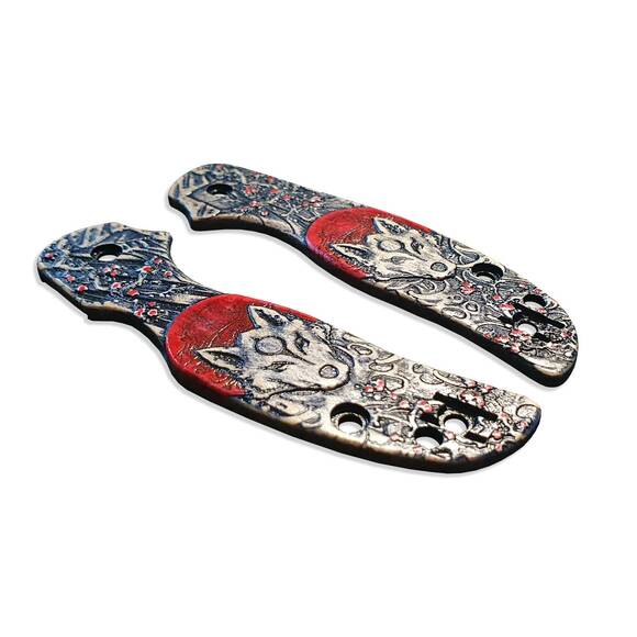 Spyderco Sage 5 maple handle scales - Japanese Wolf And Sakura / hand-painted