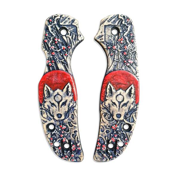 Spyderco Sage 5 maple handle scales - Japanese Wolf And Sakura / hand-painted
