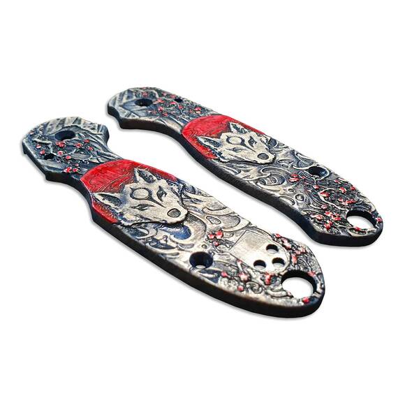Japanese Wolf And Sakura - Spyderco Para 3 Knife Scales by Svechnikov Knives