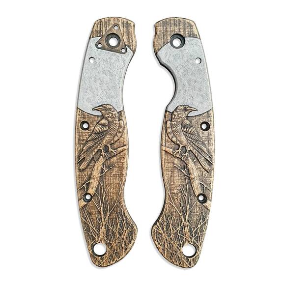 Spyderco Military maple handle scales - Moon Raven / hand-painted