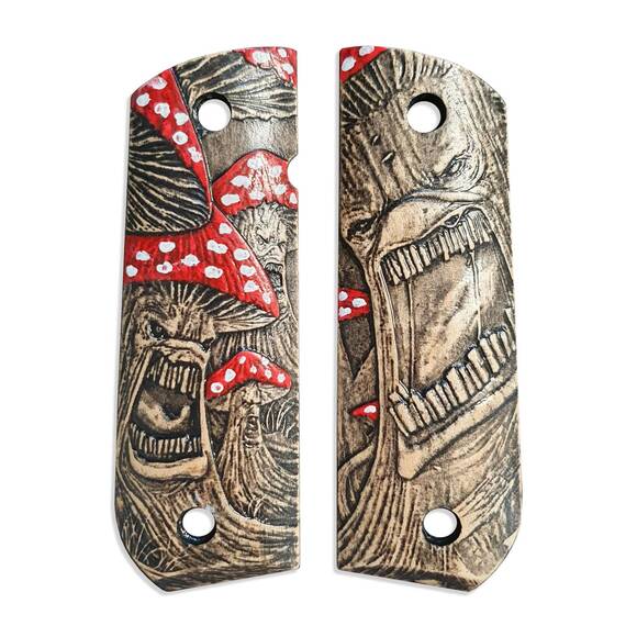 1911 full-size Round Butt maple grips - Mushrooms / hand-painted