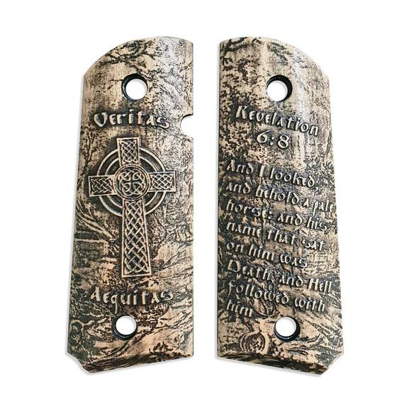 1911 compact-size Officers maple grips - Revelation 6:8 / hand-painted