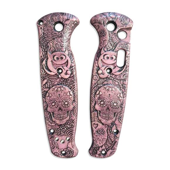 Benchmade Composite Lite Auto 4300 maple handle scales - Smile And Sugar Skull Pink / hand-painted