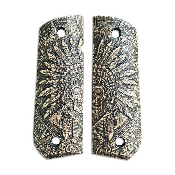 1911 full-size Round Butt maple grips - War Chief / hand-painted
