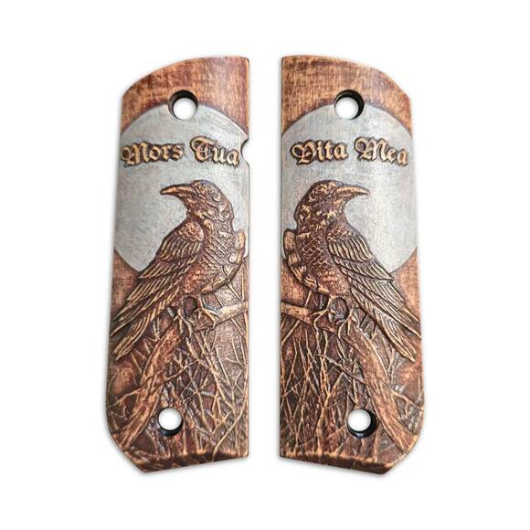 1911 full-size Round Butt maple grips - Moon Raven Mors Tua Vita Mea Cherry / hand-painted