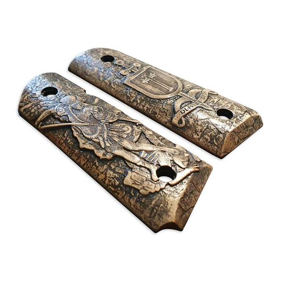 1911 Compact-Size Officers Maple Grips - Quis Ut Deus / Hand-painted
