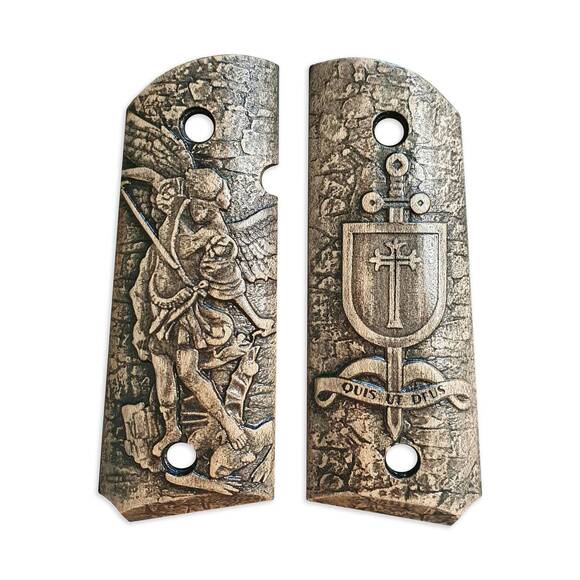 1911 compact-size Officers maple grips - Quis Ut Deus / hand-painted