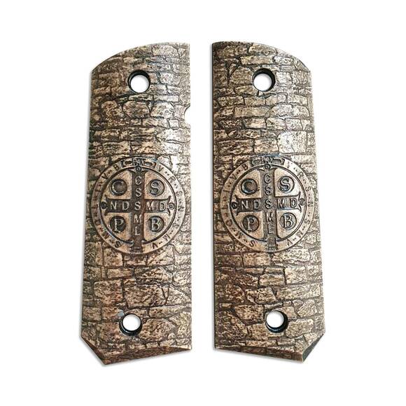 1911 full-size Bobtail maple grips - Saint Benedict Medal / hand-painted