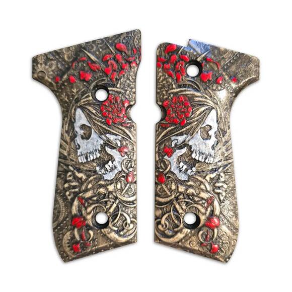 Beretta 92 full-size maple grips - Skull Rose / hand-painted