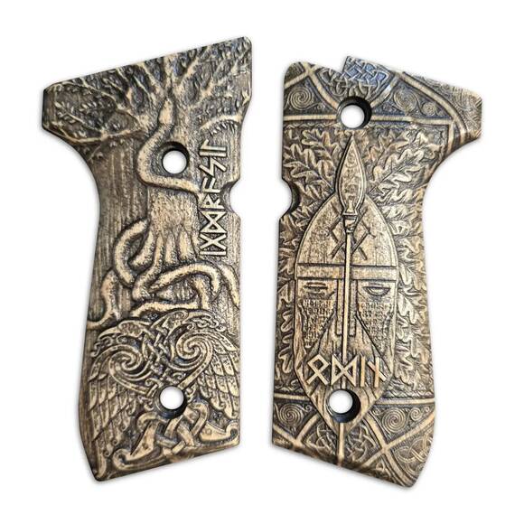 Beretta 92 full-size maple grips - Yggdrasil And Odin / hand-painted